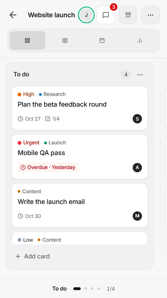 Glidely for Android, A board: the To do list of the Website launch board, with priorities, labels, due dates and assignees.
