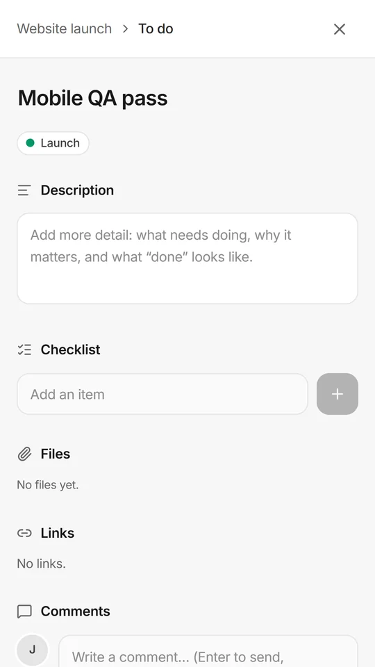 Glidely for Android, A card opened for detail, with description, checklist, files, links and comments.