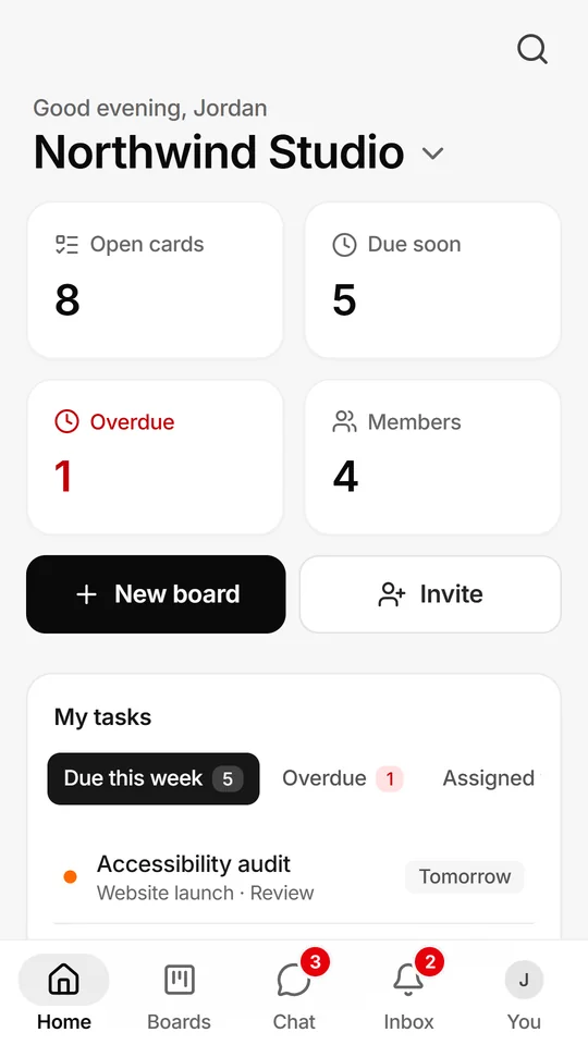 Glidely for Android: the Home screen with open, due soon and overdue cards.