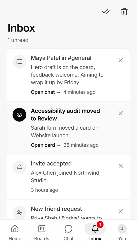Glidely for Android, The Inbox: chat messages, cards moved to Review, accepted invites and friend requests.