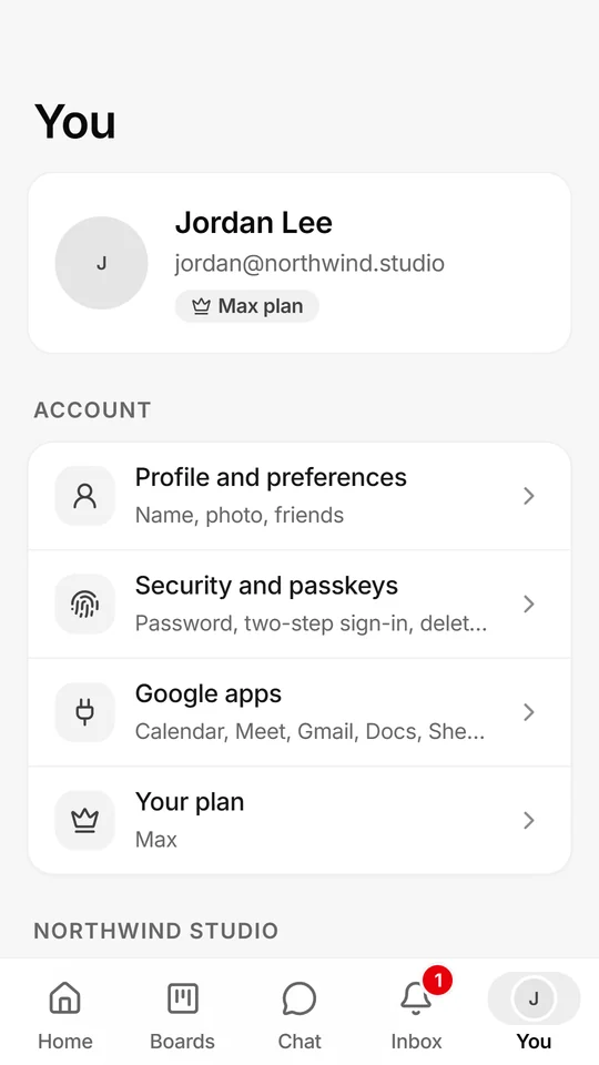 Glidely for Android, The You tab: profile, security and passkeys, Google apps and plan.